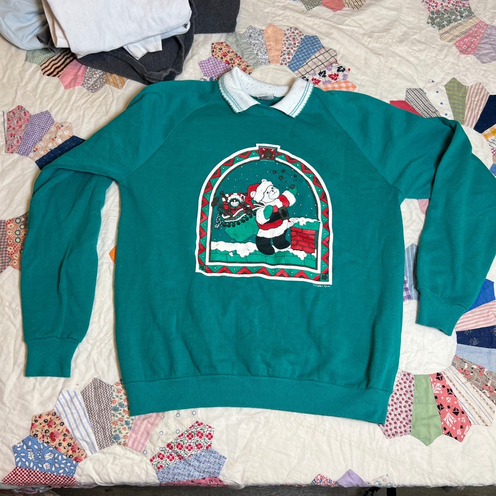 Vintage Gopher Sport Christmas Santa Sweatshirt Green Collared Pullover XL USA